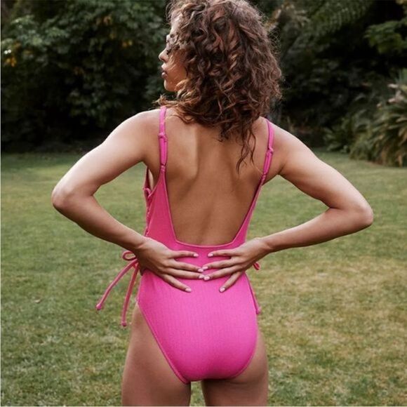 Anthropologie Sanctuary Lace-Up One-Piece Pink Swimsuit S - Picture 4 of 11